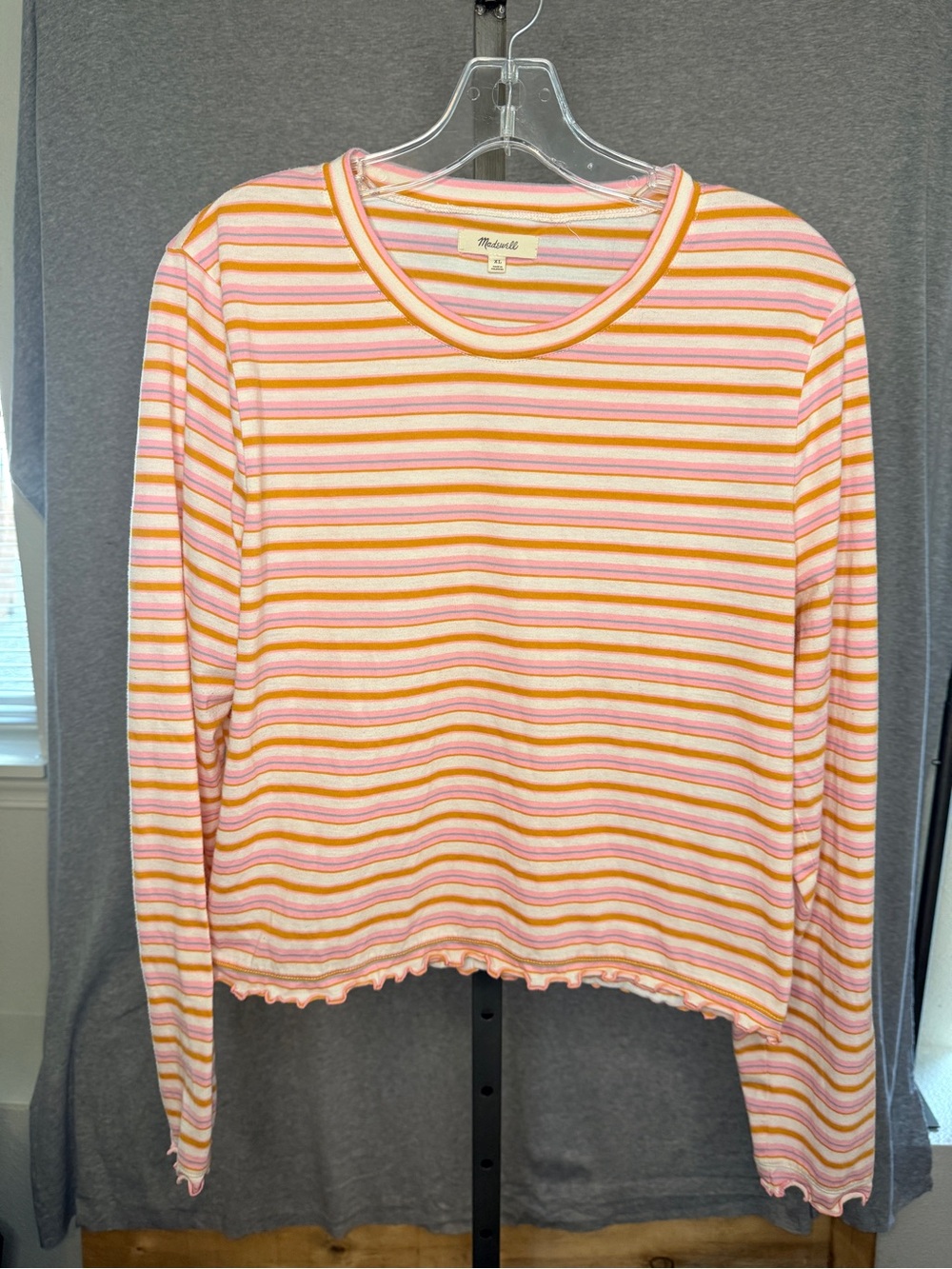 Madewell Pink, Orange & Cream Striped Lettuce-Hem Long Sleeve Tee